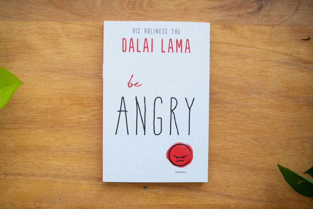 Book titled 'be ANGRY' by His Holiness the Dalai Lama on a wooden surface with leaves.