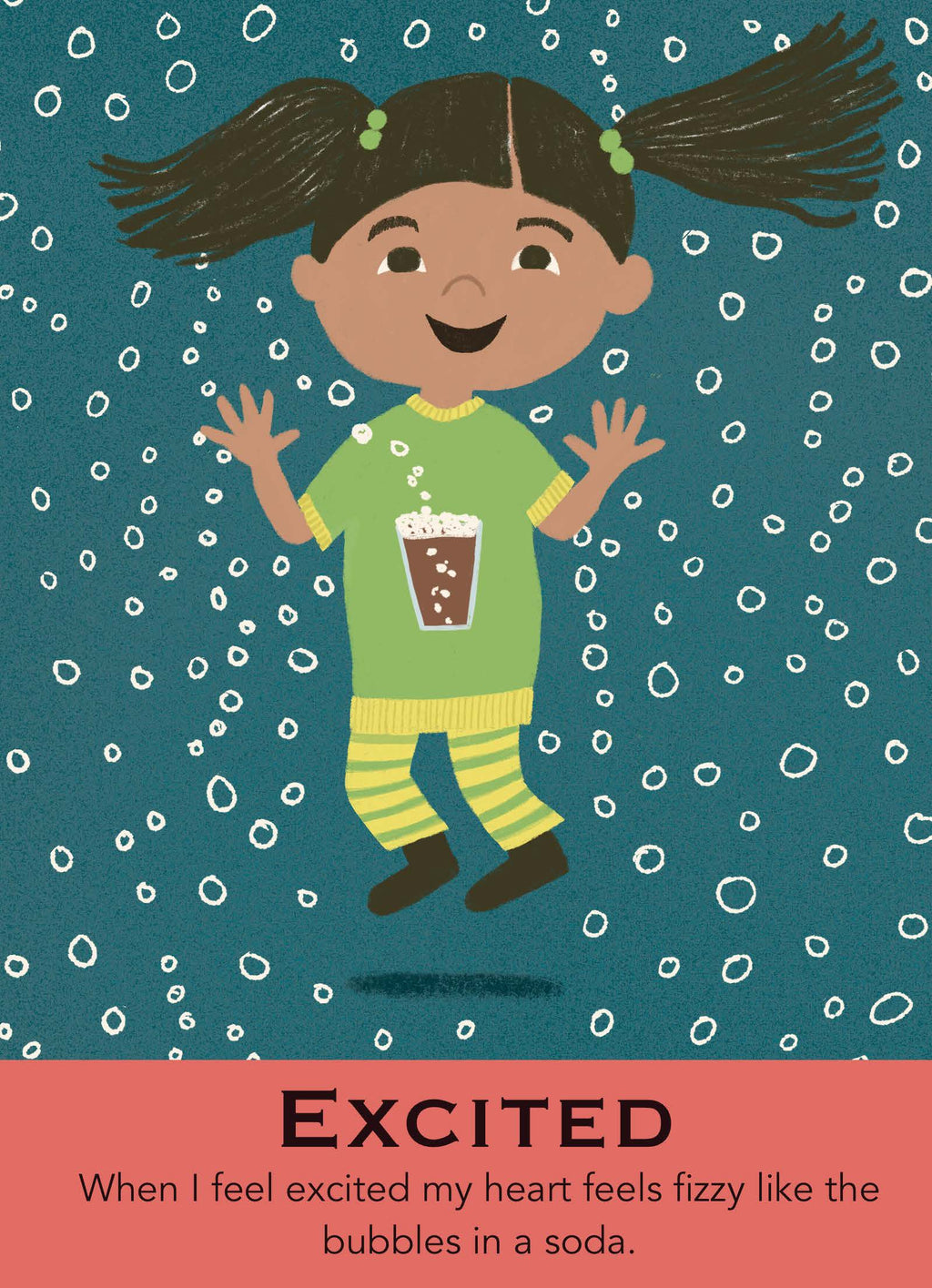 Illustration of a child in pajamas with text about feeling excited on a blue and pink background