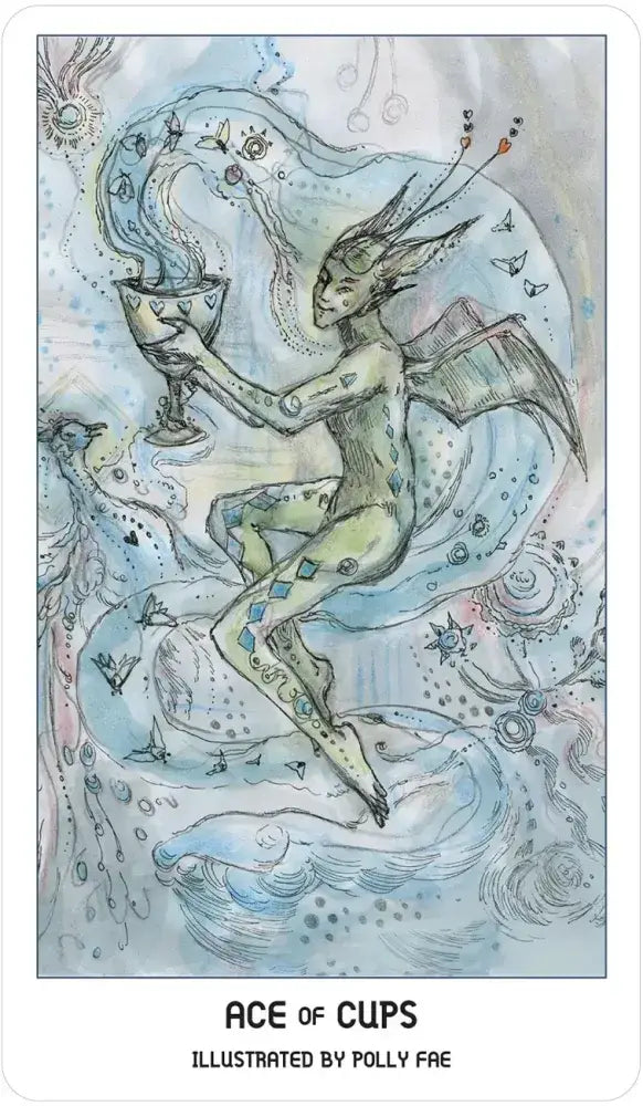 Tarot card illustration of 'Ace of Cups' by Polly Fae with a fairy holding a cup.