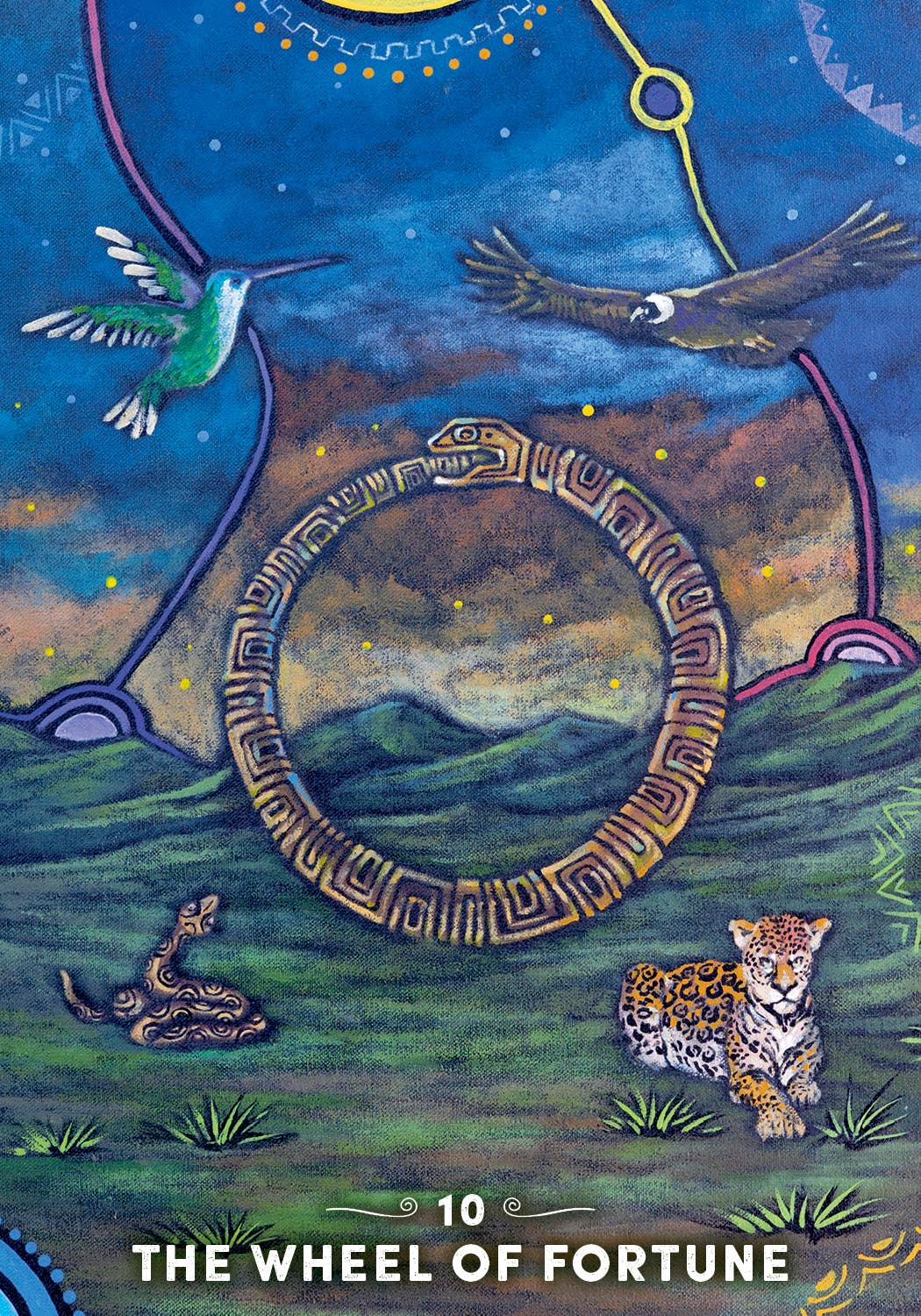 Artistic depiction of 'The Wheel of Fortune' with a leopard, hummingbird, and snake in a mystical landscape.