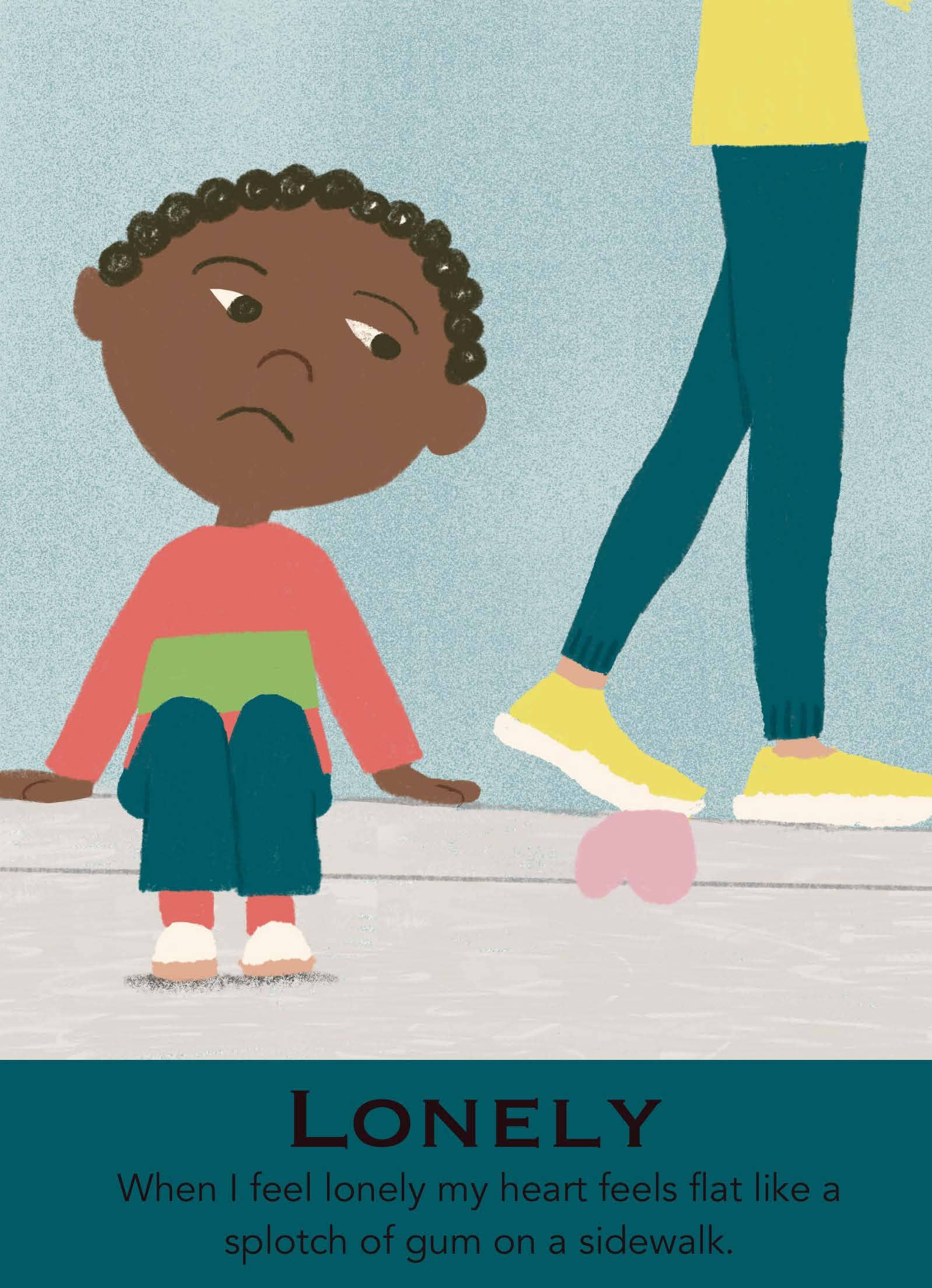 Illustration of a child sitting on a bench with a sad expression, looking at a piece of gum on the ground.