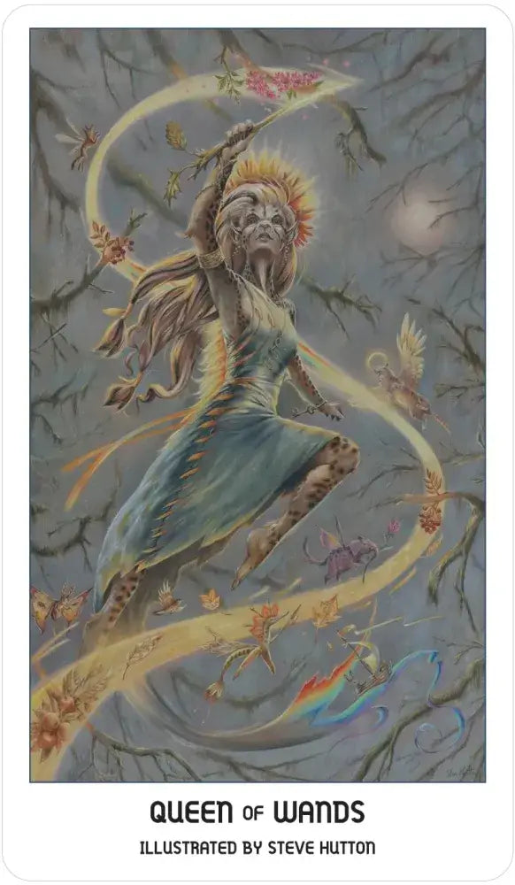Tarot card featuring 'Queen of Wands' illustration by Steve Hutton with a mystical figure and branches.