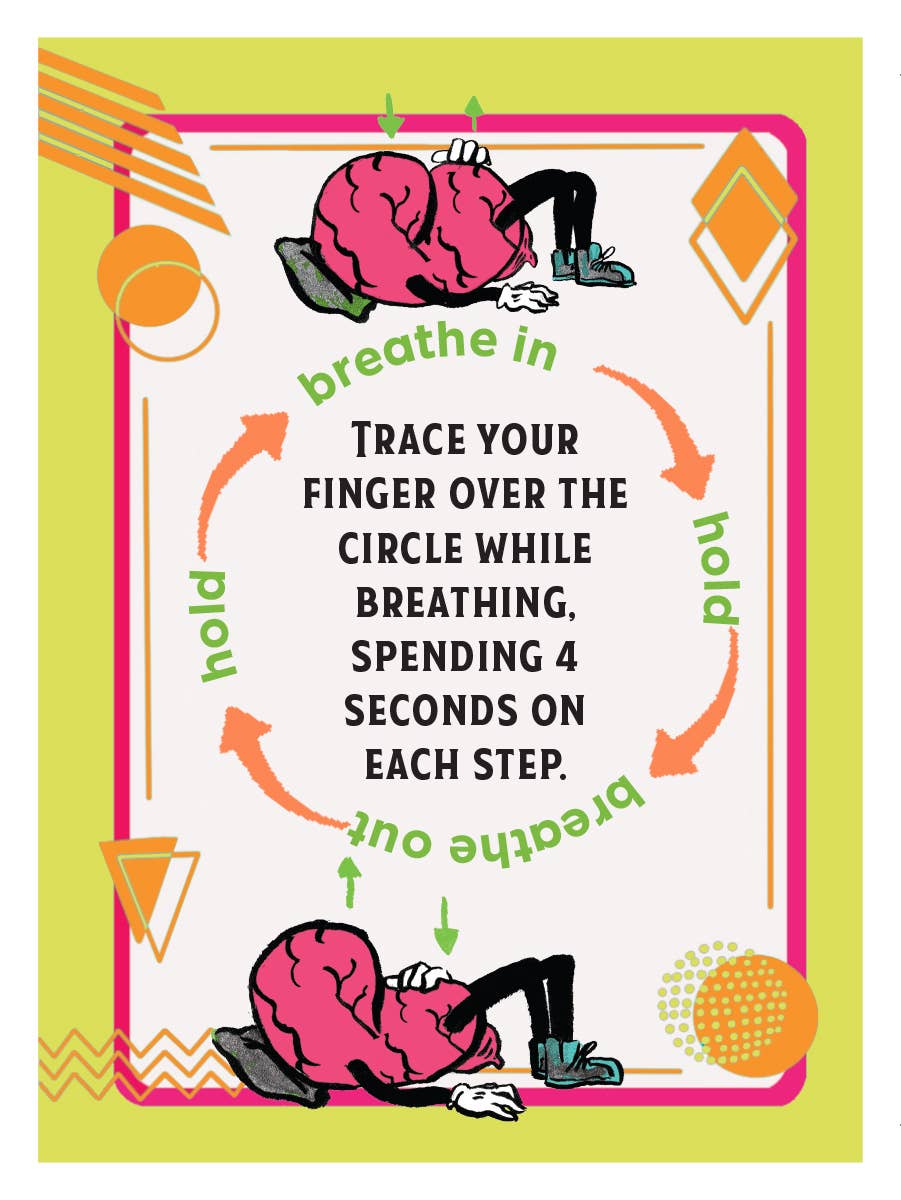 Card with breathing exercise instructions and cartoon characters on a colorful background