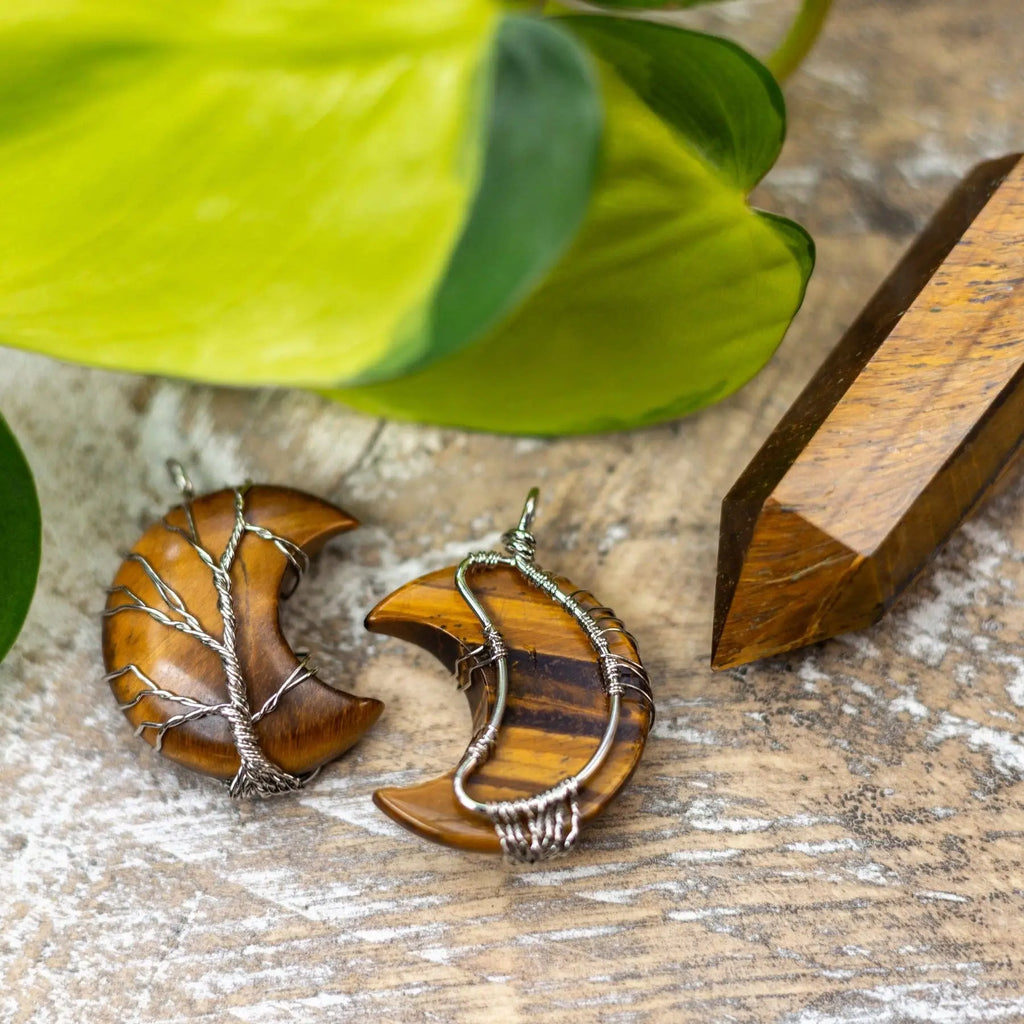 Wire Wrapped Moon Pendant: Tiger's Eye Down To Earth