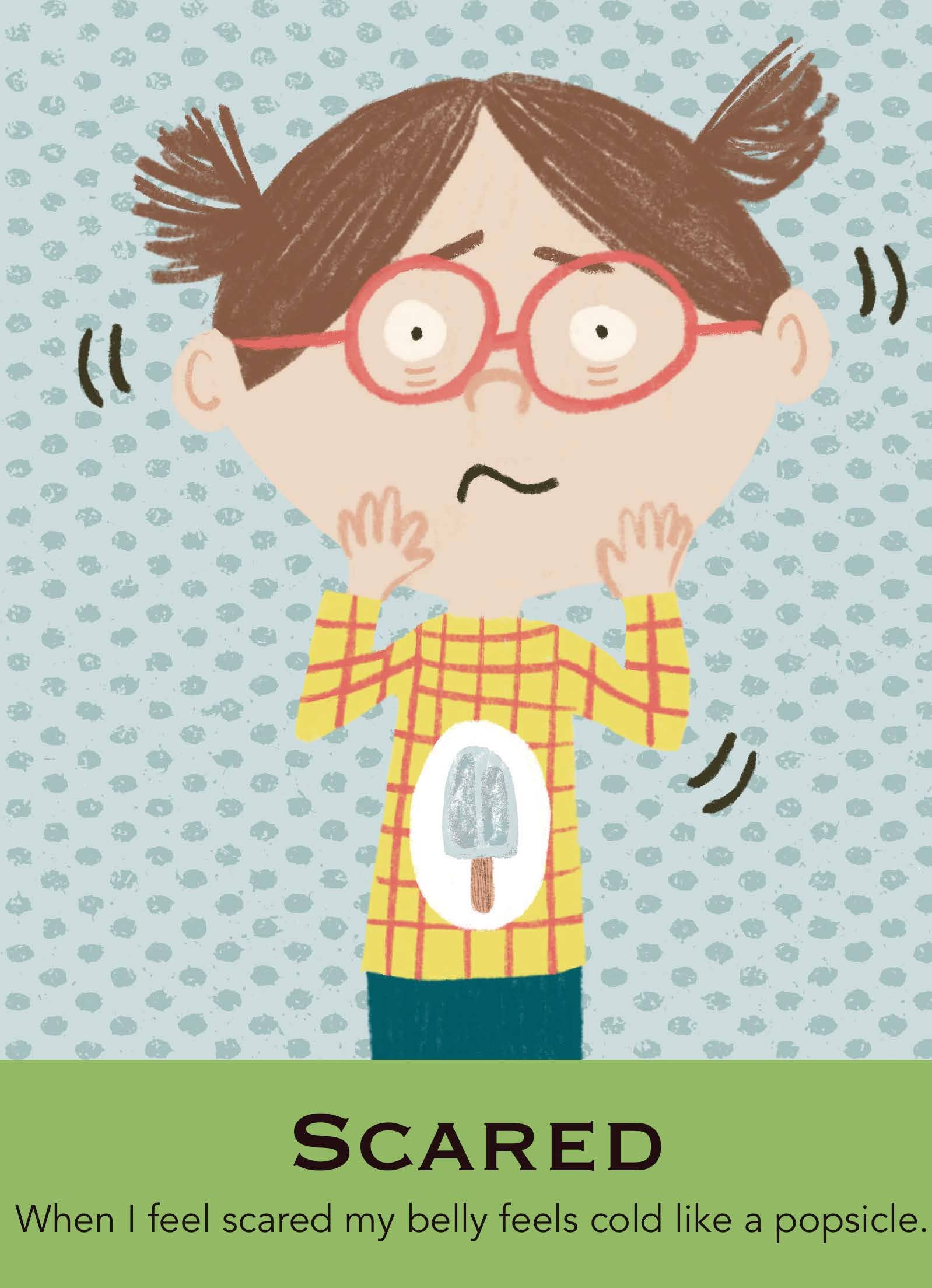 Illustration of a child with glasses showing signs of fear on a patterned background.