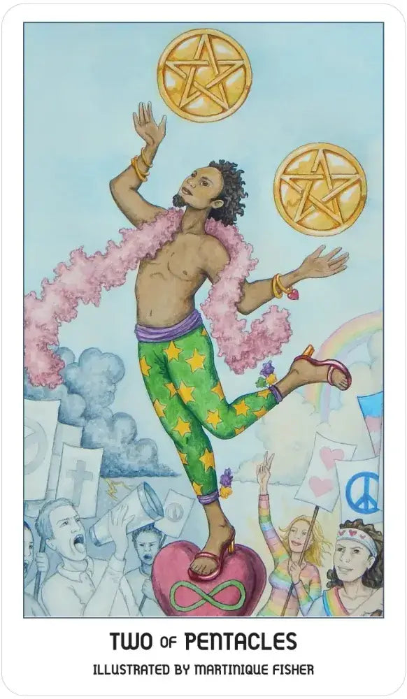 Tarot card featuring a person juggling pentacle symbols with a colorful background