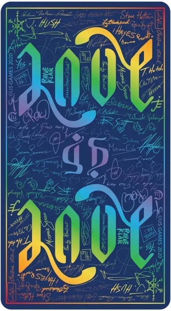 Colorful 'Love' text on a blue background with signatures