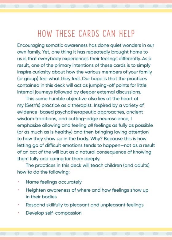 Text describing the benefits and uses of a card deck for fostering somatic awareness and emotional expression.
